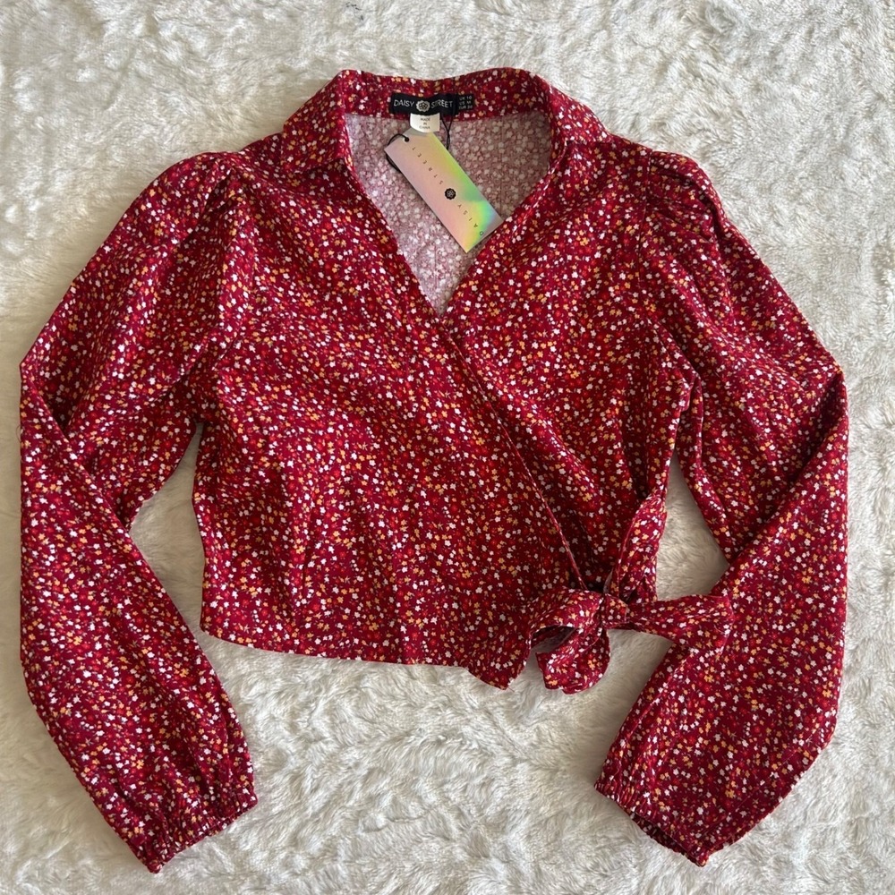 Daisy Street Red Floral Corduroy‎ Wrap Crop Top - Medium - Whimsical Boho Retro